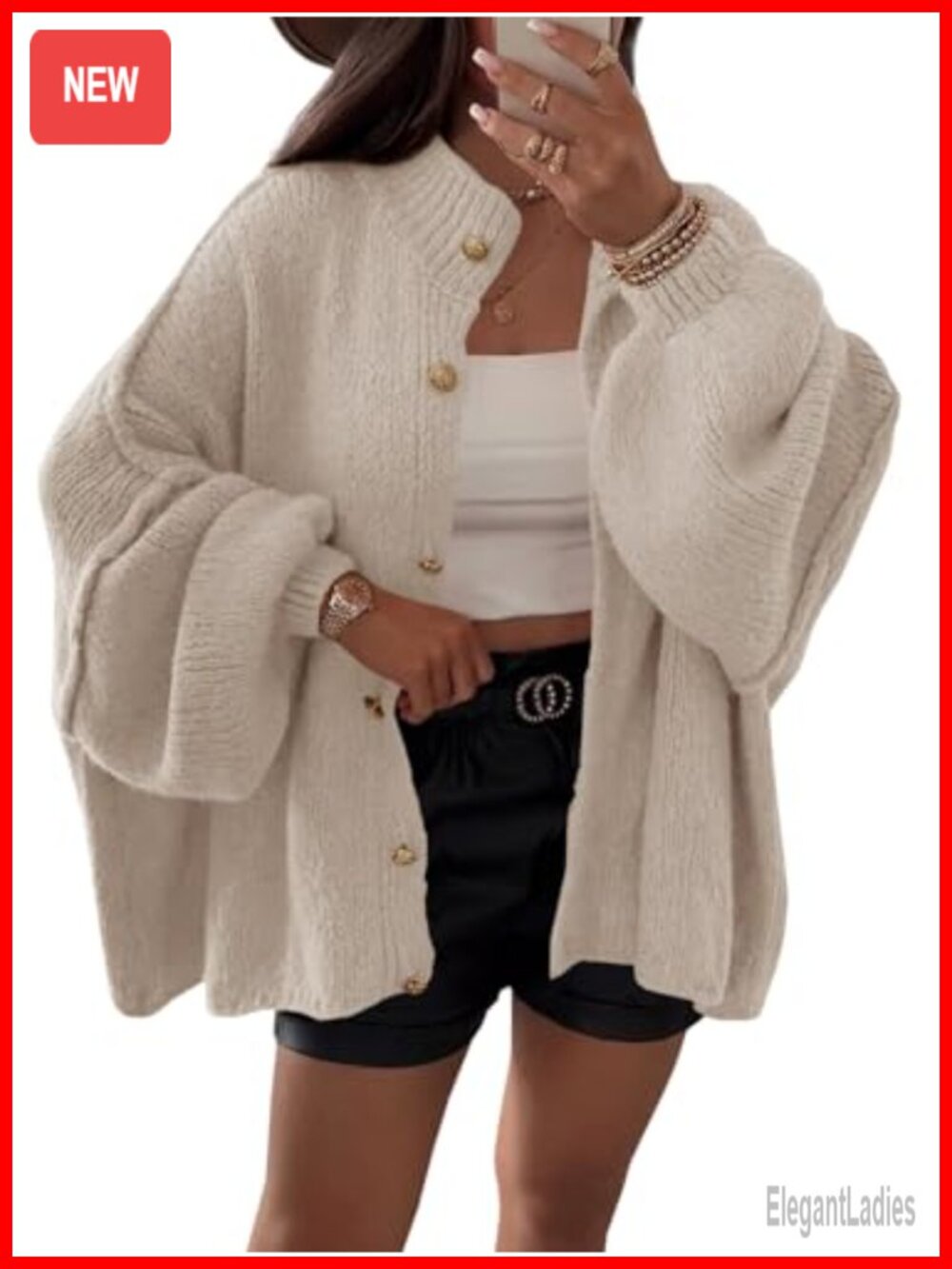 Oversized Button Down Lantern Sleeve Chunky Knit Cardigan Sweater Coat